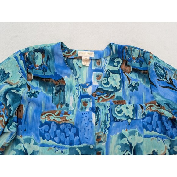 Christie & Jill Women's Top Size 2X Blue Print Short Sleeve Button-up Tunic - Picture 4 of 14